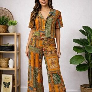 Haute‎ Hippie Patchwork Matching Set Button Front Top Wide Leg Pants 2 Piece Set